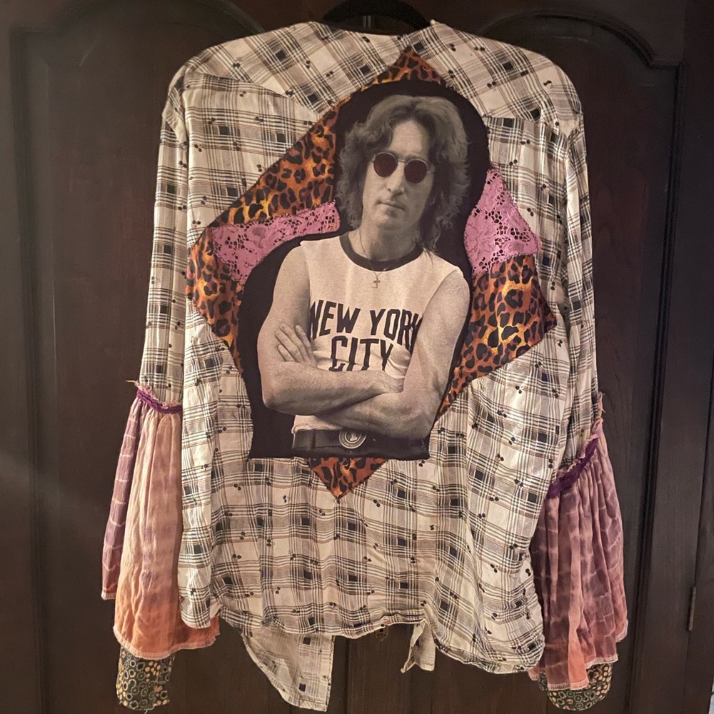 One of a kind custom made upcycled shirt or jacket with NY and John Lennon